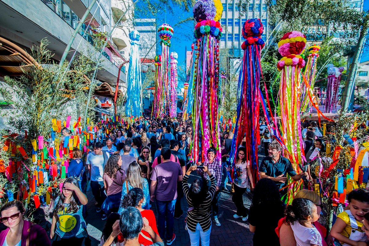 People take part at Tanabata Festival on 16 July 2017 in Sao Paulo, Brazil. The Tanabata Matsuri or Star Festival is a festival that usually takes place on the first weekend of July. During the festival the streets are filled with paper or bamboo embellishments, with dances, music and typical foods. Desires are written on the Tanzaku - paper strips that are also known as 'wish strips' - which are then burned along with bamboos, believing that the smoke would carry the desires to the stars. For more than 30 years in the Liberdade district, the Tanabata Matsuri has gathered dozens of attractions and attracts thousands of tourists every year. There are almost 100 thousand people who visit the event every year in São Paulo. (Photo by Cris Faga/NurPhoto via Getty Images)