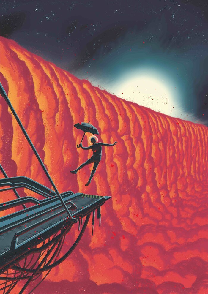 This comic-book-style illustration by Swiss graphic novelist Frederik Peeters shows a close-up view of the evening border of the exoplanet WASP-76b. The ultra-hot giant exoplanet has a day side where temperatures climb above 2400 degrees Celsius, high enough to vaporise metals. Strong winds carry iron vapour to the cooler night side where it condenses into iron droplets. Theoretical studies show that a planet, like WASP-76b, with an extremely hot day side and colder night side would have a gigantic condensation front in the form of a cloud cascade at its evening border, the transition from day to night, as depicted here. 