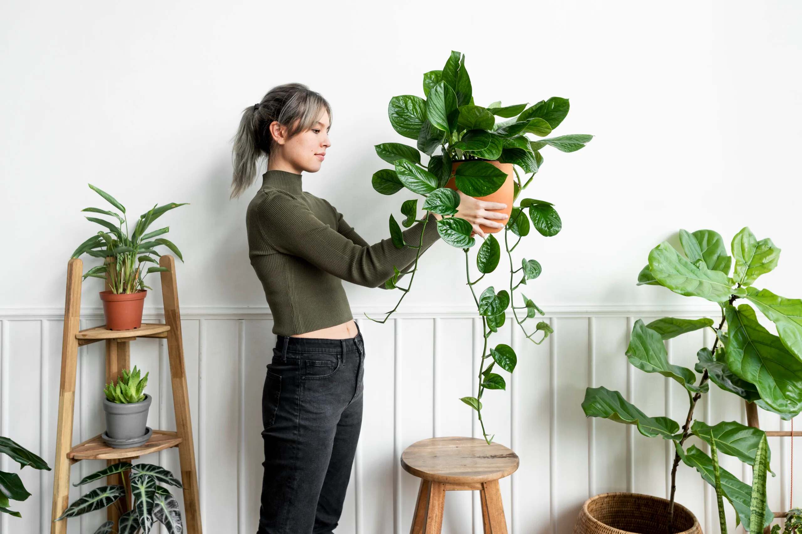 Mulher segurando um vaso de plantas em seu apartamento