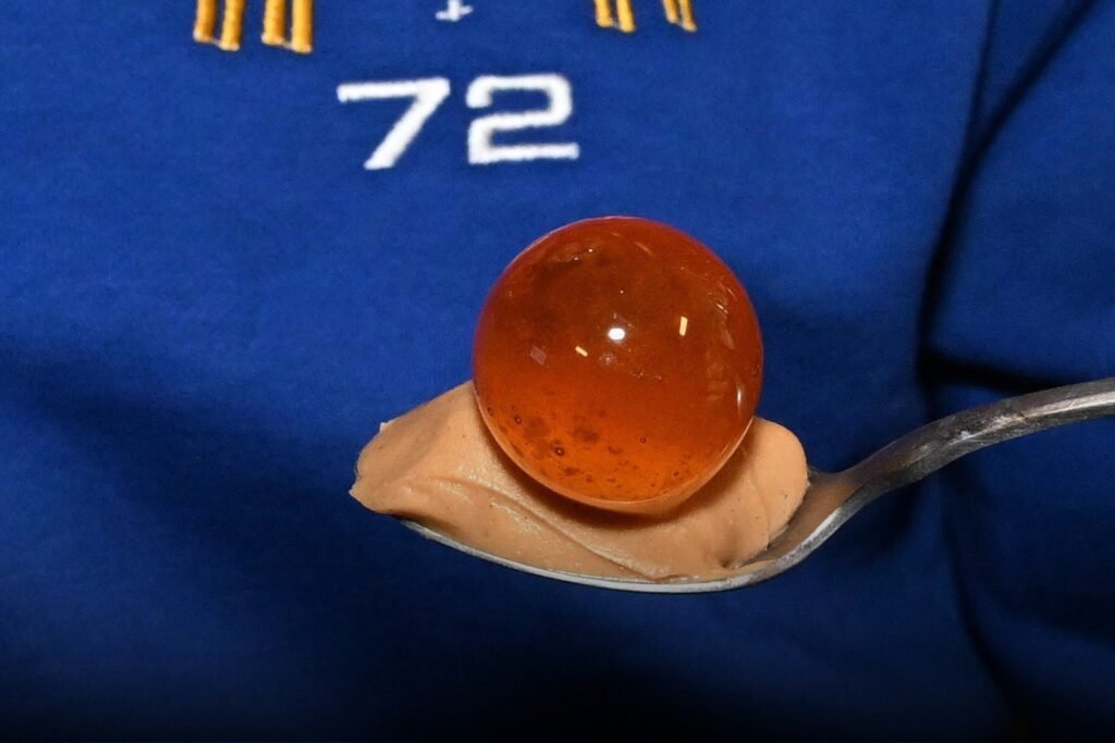 Uma colher segura um lanche de astronauta com manteiga de amendoim e uma esfera de mel flutuante, demonstrando como os alimentos se comportam na microgravidade. Foto do astronauta Don Petit na Estação Espacial Internacional (ISS). 