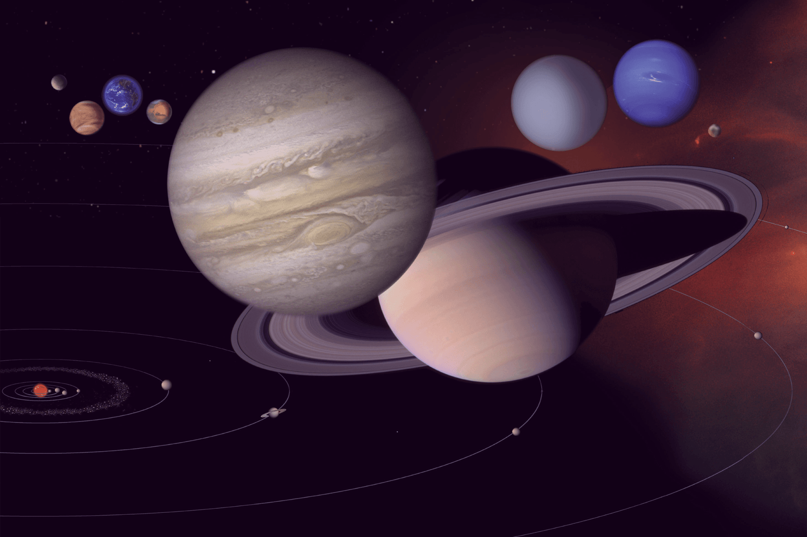 Ilustração do Sistema Solar com os oito planetas, incluindo Júpiter e Saturno em destaque, e suas órbitas ao redor do Sol.