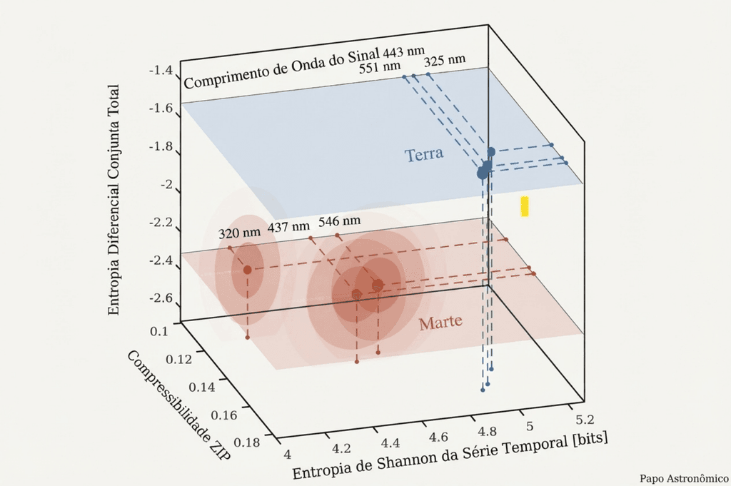Resultados de entropia e compressibilidade para séries temporais de reflectância da Terra e de Marte em três comprimentos de onda distintos. As métricas apresentadas são a entropia de Shannon da série temporal no eixo x, a razão de compressibilidade ZIP (tamanho do arquivo comprimido dividido pelo tamanho do arquivo original, de modo que valores mais altos correspondam a maior complexidade algorítmica) no eixo y e o JDE no eixo z. Linhas horizontais e verticais partem de cada ponto para auxiliar na visualização, além de planos translúcidos que indicam as alturas dos valores de JDE somados para a Terra e Marte, respectivamente. Elipsoides originados nos pontos de dados de Marte correspondem às respectivas
incertezas (verificou-se que as incertezas para a Terra eram desprezíveis.