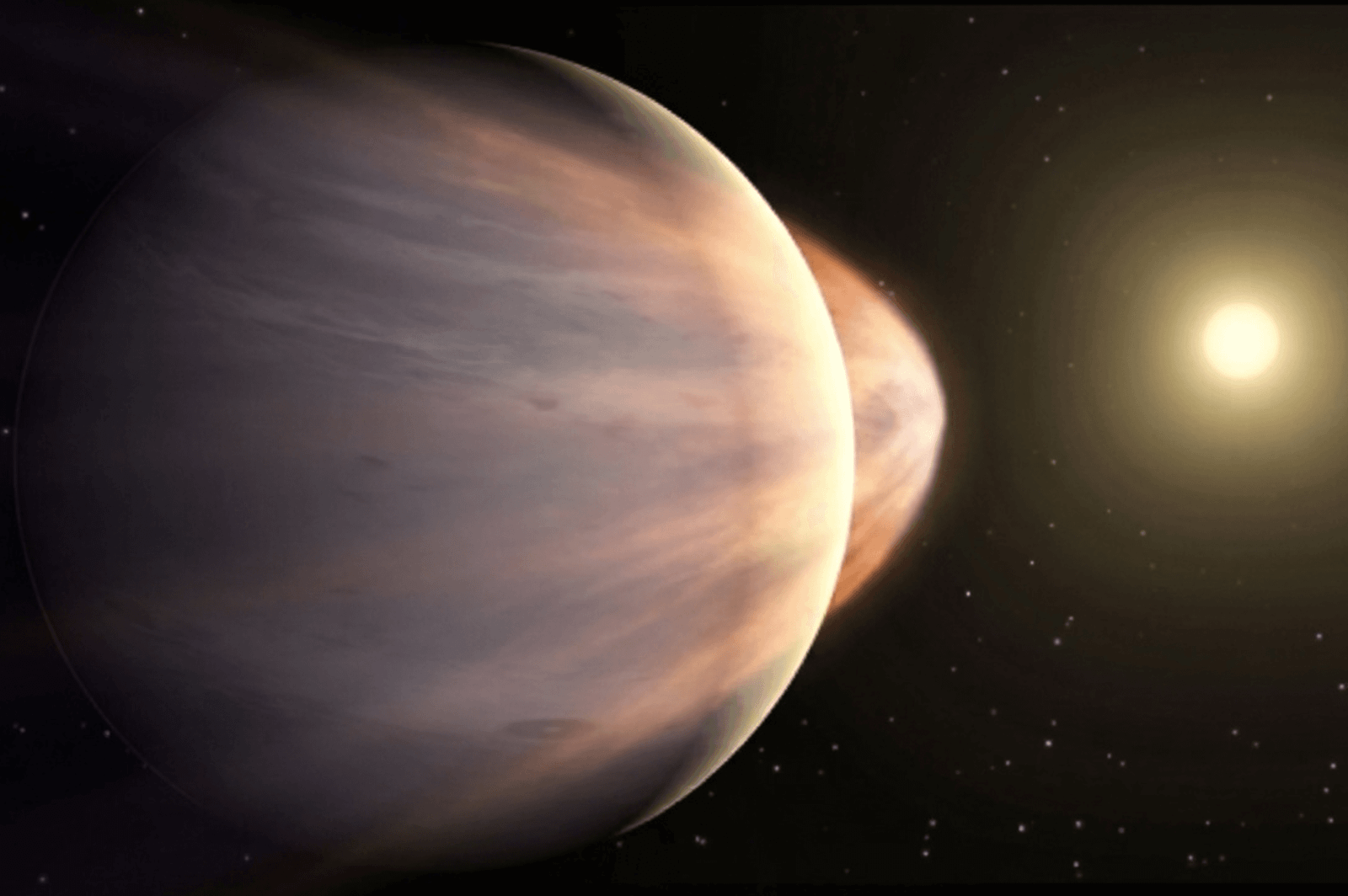 Ilustração baseada na descoberta de Hubble para o exoplaneta WASP-76b, mostrando um gigante gasoso com faixas de nuvens em órbita extremamente próxima de sua estrela brilhante amarela. O lado do planeta voltado para a estrela está intensamente iluminado, e uma vasta nuvem de gás, rica em magnésio, se estende para além da borda do planeta, formando uma cauda semelhante à de um cometa contra o fundo estrelado do espaço.