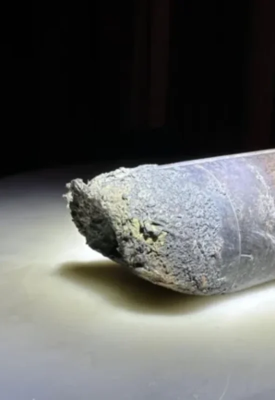 Pedaço de lixo espacial que caiu pelo teto de Alejandro Otero está em cima de uma mesa de cor clara