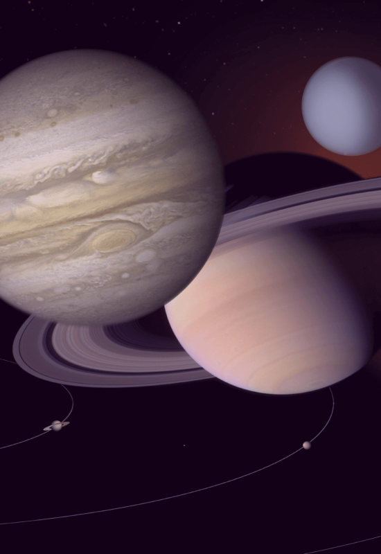 Ilustração do Sistema Solar com os oito planetas, incluindo Júpiter e Saturno em destaque, e suas órbitas ao redor do Sol.